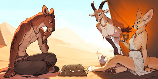 anthro bodily_fluids bottomwear bracelet breasts canine_teeth checkers clothed clothing container cup desert female fennec_ears gem group horn jewelry male melee_weapon nipple_piercing nipples one_breast_out ossicone pants piercing robe ruby_(gem) sand sand_dune scar sitting_on_ground skirt smile smirk sweat sweatdrop sword teapot tent topless trio weapon worried cerinil antelope bovid canid canine fennec fox giraffid mammal okapi hi_res