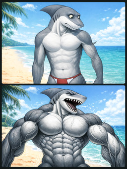abs anthro athletic athletic_anthro athletic_male beach biceps big_muscles bodily_fluids clothing forced forced_transformation grey_body growth injection male muscle_growth muscular muscular_anthro muscular_arms muscular_male navel nude open_mouth panties pecs saliva screaming sea seaside sharp_teeth solo standing teeth test_subject torn_clothing transformation triceps underwear veiny_biceps veiny_muscles water white_body aianthros fish marine shark absurd_res hi_res sequence