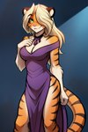 anthro black_ears blonde_hair breasts clothed clothing dress eyebrow_through_hair eyebrows female fur gloves_(marking) green_eyes hair jewelry long_hair markings necklace orange_body orange_fur pink_nose simple_background smile smirk solo standing striped_body striped_fur stripes translucent translucent_hair twokinds anontk iris_(twokinds) felid mammal pantherine tiger hi_res