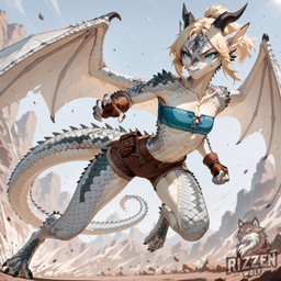 anthro blonde_hair blue_clothing blue_eyes claws clothing collarbone female grey_body grey_scales hair horn leather leather_clothing long_tail membrane_(anatomy) membranous_wings mythology outside scales solo spiked_tail spikes spikes_(anatomy) standing white_body white_scales wing_claws wings rizzenwolf_(director) kat_(rizzenwolf) dragon mythological_creature mythological_scalie scalie western_dragon absurd_res director_name hi_res watermark