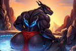 anthro bara big_ass bodily_fluids bottomwear clothing demonic loincloth loincloth_only looking_at_viewer looking_back machine male mountain_range mountains pool rear_view robotic_body small_waist solo sunrise sweat thick_thighs donutdace demon hybrid robot synth_(vader-san)