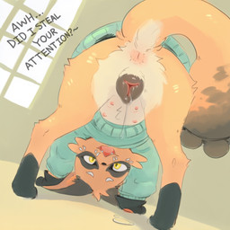 animal_genitalia animal_pussy anus bodily_fluids bottomless canine_genitalia canine_pussy clothed clothing cute_fangs dialogue dripping dutch_angle female feral fluffy furgonomic genital_fluids genitals looking_at_viewer looking_back looking_back_at_viewer looking_through looking_through_legs multi_nipple nipples open_mouth pussy pussy_juice pussy_juice_drip rear_view simple_background sketchy solo sweater sweater_only text topwear topwear_only yellow_eyes minco nintendo pokemon generation_8_pokemon nickit pokemon_(species) colored_sketch sketch