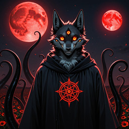 anthro clothing horror_(theme) male moon multi_eye multiple_moons night occult_symbol poppy_(flower) robe sigil sky solo symbol tentacles hyote hyote(character) canid canine canis coyote mammal hi_res