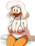 ambiguous_fluids areola beak big_breasts bikini black_eyes bodily_fluids breasts cleavage clothed clothing curvy_figure disney ducktales ducktales_(2017) eyebrows eyeliner female fingers hair makeup navel nipples non-mammal_breasts non-mammal_nipples open_mouth orange_legs raised_eyebrows simple_background sitting skimpy slightly_chubby smile solo sweat swimwear thick_thighs three-quarter_view tongue voluptuous white_background white_body white_hair wide_eyed cloud9999 della_duck anatid anseriform avian bird duck hi_res