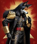 anthro black_hair black_overcoat canid canine comissar gold_(metal) gold_jewelry hair hi_res jewelry long_hair male mammal maned_wolf medal solo warhammer40k