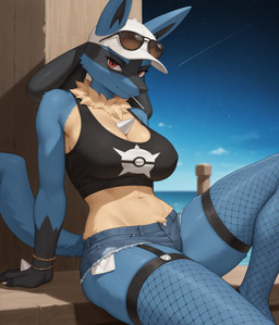 anthro black_clothing blue_body blue_clothing blue_fur bottomwear breasts clothing countershading eyewear facial_markings female female_anthro fishnet fishnet_clothing fishnet_legwear fur hat head_markings headgear headwear legwear markings red_eyes shorts solo sunglasses yellow_body yellow_fur lewdtf nintendo pokemon generation_4_pokemon lucario pokemon_(species) invalid_tag 2025 4k digital_drawing_(artwork) digital_media_(artwork) hi_res stable_diffusion
