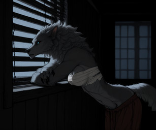 abs anthro athletic athletic_anthro athletic_female black_nose blue_eyes bottomwear breasts chest_wraps claws clothed clothing crossed_arms female finger_claws fingers fur grey_body grey_fur inside leaning leaning_forward looking_at_viewer midriff navel night pants pubes side_view solo tail topwear tuft window wraps anotheranon canid canine canis mammal werecanid werecanine werecreature werewolf wolf hi_res