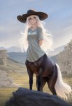 anthro blonde_hair bottomless brown_body brown_fur clothed clothing digitigrade female fur hair hill looking_at_viewer mountains rock ruins shirt smile solo standing topwear director_crashbandit animal_humanoid equid equid_taur equine horse humanoid mammal mammal_humanoid mammal_taur taur hi_res novelai