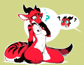 alternate_species anthro areola black_areola black_body black_horn black_nipples blue_eyes breasts chest_tuft claws collar collar_only confusion crotch_tuft duo female fur horn kneeling kneeling_on_ground markings multicolored_body multicolored_fur mythology navel nipples non-mammal_breasts non-mammal_nipples nude open_mouth question_mark red_body red_fur red_scales scales simple_background sitting_on_ground small_breasts solo speech_bubble stripes tail teeth tuft white_body white_fur anotheranon carmilla_(anotheranon) cookie_(anotheranon) dragon furred_dragon furred_kobold furred_scalie kobold mythological_creature mythological_scalie reptile scalie absurd_res hi_res