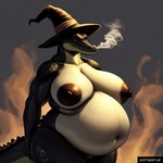 anthro belly breasts brown_nipples clothing deep_navel female fire green_body grey_background hat hat_only headgear headgear_only headwear headwear_only mostly_nude multicolored_body navel nipples non-mammal_nipples orange_eyes overweight overweight_anthro overweight_female pornpen.ai simple_background smoke solo witch_hat cow_of_fire alligator alligatorid crocodilian reptile scalie tail