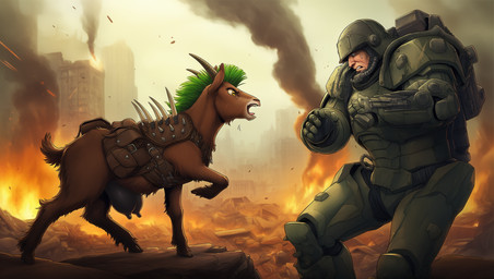 battle city city_background city_destruction dramatic duo female feral fighting_pose fire machine male pose post-apocalyptic power_armor silly teats udders 40ksewinggoat fallout raider bovid caprine goat human mammal hi_res