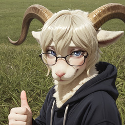 anthro blue_eyes clothing cute_pose eyewear gesture glasses hoodie male smile solo thumbs_up topwear pinasheep69 beastars pina_(beastars) bovid caprine mammal sheep