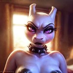 angry anthro bedroom breasts clothed clothing collar crossgender eyelashes female goth lipstick long_eyelashes makeup nipples solo spiked_collar spikes tgrumm7 topless topless_female pokemon mewtowo_(shadman) generation_1_pokemon legendary_pokemon mewtwo pokemon_(species) headshot_portrait portrait