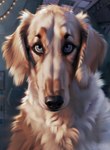 absurd_res black_nose blue_eyes borzoi brown_body brown_fur canid canine canis domestic_dog feral fur headshot_portrait hi_res hunting_dog long_snout mammal portrait shuffur sighthound smile snout solo tan_body tan_fur watermark white_body white_fur