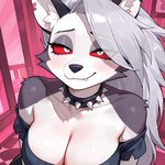 anthro big_breasts breasts clothed clothing detailed_background female fur hair looking_at_viewer male smile solo helluva_boss loona_(helluva_boss) canid canine canis mammal wolf