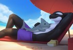 anthro beach beach_umbrella black_body clothed clothing day detailed_background eyes_closed hand_behind_head lying male on_back outside parasol plushie relaxing sand seaside sky smile solo swimming_trunks swimwear text topless umbrella water sergalbutt cetacean delphinoid fish mammal marine oceanic_dolphin orca shark toothed_whale signature url