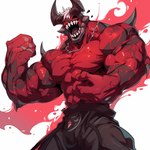 bottomwear claws clothing demon diamond_(disambiguation) digital_media_(artwork) hair horn humanoid male muscular not_furry pants red_body shaded sharp_teeth signature solo spikes spikes_(anatomy) teeth