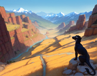 4_toes 5_fingers ambiguous_gender black_body black_claws black_fur black_sclera blue_sky claws detailed_background feet feral fingers fur high-angle_view landscape looking_away mountains nature nature_background on_rock path plant river savanna sitting sky snowy_mountains solo tail_tuft toes tree tuft white_body white_fur yellow_eyes adragocult felkin mammal absurd_res hi_res