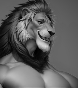 anthro clothed clothing grin male mane muscular muscular_anthro muscular_male no_sclera sharp_teeth simple_background smile solo teeth three-quarter_view topless topless_male whiskers drla felid lion mammal pantherine bust_portrait greyscale hi_res meme monochrome portrait