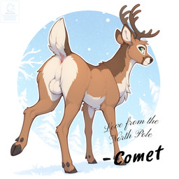 antlers anus backsack balls brown_body brown_fur butt christmas cloven_hooves countershading feral fluffy_balls fur genitals green_eyes happy hooves horn looking_at_viewer male pinup pose raised_leg rear_view scut_tail short_tail smile solo standing text tailupsd capreoline cervid mammal reindeer english_text hi_res story story_in_description watermark
