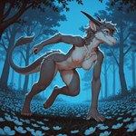 anthro blue_eyes breasts female flower flower_field fur genitals hand_on_ground horn mouth_closed mythology night nude outside plant pussy running solo solo_focus tail tree unknown_director dragon furred_dragon mythological_creature mythological_scalie scalie hi_res