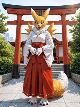 3_fingers 3_toes anthro asian_clothing black_claws black_sclera blue_eyes breasts city_skyline claws cleavage clothed clothing east_asian_clothing feet female fingers floor fluffy japanese_clothing looking_at_viewer medium_breasts miko_outfit open_mouth open_smile outside pawpads pink_pawpads plant red_clothing shrine shrine_maid_dress shrine_maiden shrub smile solo stairs standing tile tile_floor toes torii_gate tree white_clothing yellow_body nightdancer digimon digimon_(species) renamon hi_res