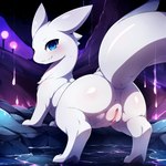 big_butt blue_eyes blush butt cave digitigrade director_motherli dripping female feral fur genitals grotto hi_res hybrid looking_at_viewer looking_back looking_back_at_viewer mollusk pussy quadruped slugcat slugcat_(rainworld) solo thick_tail white_body white_fur wide_hips