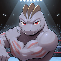 anthro bodily_fluids fighting_ring flexing grey_body looking_at_viewer male muscular red_eyes ridges smile solo spotlight sweat jtizzle1989 nintendo pokemon generation_1_pokemon machoke pokemon_(species)
