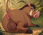 absurd_res anus balls big_balls black_hair butt domestic_pig feral genitals hair hi_res hooves jungle looking_at_viewer looking_back looking_back_at_viewer male mammal presenting presenting_hindquarters pumbaa red_body seductive smauggers smile smirk solo suid suina sus_(pig) tusks warthog