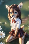 aiko anthro attempted_signature bottomwear brown_hair cervid clothing cub female flower hair hi_res hooves long_hair looking_at_viewer mammal nature nature_background plant red_bow shirt skirt solo teal_eyes topwear venison venisoncreampie young