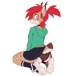 anthro bottomwear butt choker clothing female footwear hair hoodie jewelry kneeling lace lace_panties looking_at_viewer looking_back looking_back_at_viewer necklace ponytail red_hair shoes skirt smile sneakers socks topwear verbotenvertex frankie_foster felid feline lynx mammal hi_res