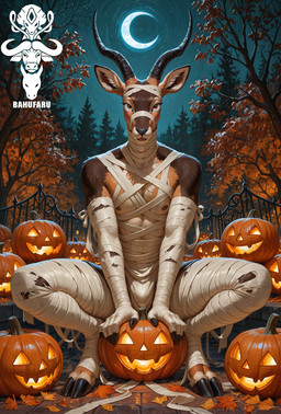 anthro autumn autumn_forest autumn_leaves black_nose brown_eyes bulge crescent_moon crouching detailed_background fingers forest forest_background fur hooved_fingers hooves jack-o'-lantern looking_at_viewer male moon mummy_costume nature nature_background night open_mouth plant shirtless sitting solo star tree wrought_iron_fence bahufaru halloween_2025 antelope bovid impala mammal hi_res