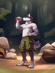 agreenfish anthro athletic athletic_male biceps bottomwear canid canine canis cargo_shorts clothing digitigrade drinking fur grey_body grey_fur hi_res male mammal outdoors potion rock sequence shirt shorts solo standing t-shirt topwear wolf woods
