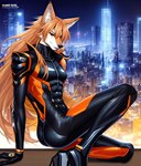 anthro butt canid canine city clothing hair hi_res long_hair male mammal maned_wolf night rubber rubber_clothing rubber_suit science_fiction solo