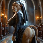 anthro arched_back bedroom_eyes big_butt bubble_butt butt church curvaceous curvy_figure female huge_butt looking_at_viewer mature_female narrowed_eyes nun_outfit seductive solo voluptuous vlrgromns the_lion_king sarabi_(the_lion_king) felid lion mammal pantherine hi_res