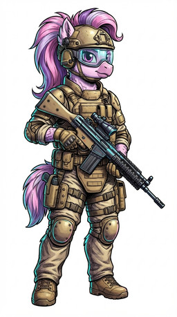 anthro armor beak body_armor boots bottomwear clothing elbow_pads eyewear eyewear_on_head feathered_tail feathers female footwear gloves goggles goggles_on_head gun hair handwear headgear helmet knee_pads mane mane_hair nano_banana_pro pants ranged ranged_weapon rifle semi-anthro semi-anthro_legs simple_background solo tan_clothing weapon greaterfurrymaster friendship_is_magic my_little_pony silverstream_(mlp) avian hippogriff mythological_avian hi_res