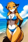 anthro banal_fissure beach bikini black_ears black_nose blue_eyes breasts canid canine chest_tuft clothing cloud crossgender female fox fur gloves_(marking) hair keidran long_hair looking_at_viewer mammal markings mike_(twokinds) mtf_crossgender orange_body orange_fur rule63 sea seaside seductive shoulder_tuft smile smirk solo swimwear tuft twokinds water white_body