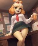 animal_crossing anthro beverage bodily_fluids bottomwear breasts clothing cute_expression desk drinking_straw female furniture genital_fluids genitals leaning_on_table looking_at_viewer low-angle_view necktie pussy pussy_juice skirt smile solo table isabelle_(animal_crossing) canid canine canis domestic_dog mammal hi_res story story_in_description