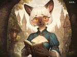 anthro blush book breasts city city_background cleavage clothed clothing dialogue embarrassed eyewear fantasy female glasses green_clothing hair holding_book holding_object medieval round_glasses shy solo white_hair yellow_eyes fluffscaler romanhltv domestic_cat felid feline felis mammal siamese animated watermark webm