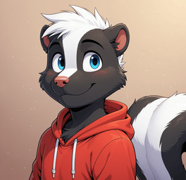 anthro baggy_clothing big_eyes black_body black_fur blue_eyes blush clothing fur hair hoodie male markings mouth_closed nose pink_nose short_hair simple_background skunk_tail small_ears smile solo striped_markings striped_tail stripes tail tail_markings topwear white_body white_fur white_hair rotateillusion mammal mephitid skunk icon