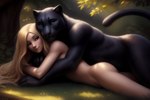 anthro black_body black_fur blonde_hair butt canineluvr19 cuddling duo felid female female_on_anthro fur hair hi_res human human_on_anthro interspecies long_hair looking_at_viewer lying male male/female male_on_top mammal nude on_front on_top pantherine seductive