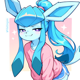 ambiguous_gender anthro blue_body blue_fur blue_hair blush bottomwear chest_tuft clothed clothing cute_fangs front_view fur hair long_ears long_hair looking_at_viewer narrowed_eyes ponytail purple_eyes shirt shorts simple_background smug solo sparkles tail topwear tuft kaltingale_(director) nintendo pokemon eeveelution generation_4_pokemon glaceon pokemon_(species) hi_res watermark