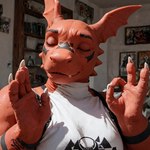 anthro breasts claws clothed clothing detailed_background female just_right markings photo photorealism photorealistic realistic red_body smile solo iasmokeada digimon_(species) guilmon scalie meme