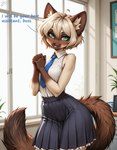 anthro bottomwear clothing female green_eyes inside necktie office own_hands_together shirt skirt sleeveless smile solo topwear white_clothing white_shirt white_topwear djar17 domestic_cat felid feline felis mammal siamese hi_res