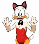 anatid anseriform anthro avian beak bird black_eyes bow_tie bunny_costume cat_tail clothing cloud9999 costume disney duck ducktales ducktales_(2017) eyebrows eyewear fake_cat_ears fake_ears feathers frown glasses hi_res looking_down male mature_male open_mouth orange_legs paw_pose pawpads pince-nez portrait pose raised_eyebrows red_clothing scrooge_mcduck simple_background solo three-quarter_portrait tongue tuft white_background white_body white_feathers white_skin wide_eyed