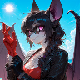 anthro biker's_wear black_clothing black_hair braided_hair braided_ponytail breasts clothing eyewear female fluffy glare gloves glowing glowing_eyes hair handwear jacket light looking_at_viewer outside ponytail red_clothing solo standing sunglasses sunlight tank-top topwear loren_iipsum magna bat mammal hi_res