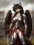 anthro armor athletic black_hair black_wings bracers braided_hair breastplate breasts castle cleavage clothed clothing evil_grin fantasy feathered_wings feathers female genitals hair leg_armor medieval melee_weapon outdoors overcast pubes pussy red_sclera scars sky smile solo sword unconvincing_armor weapon wings autumndragon canid canine canis mammal wolf hi_res