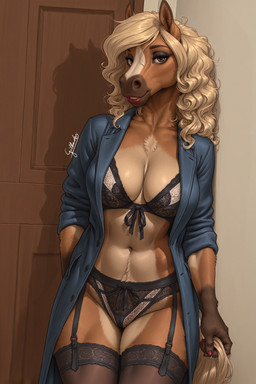anthro blonde_hair bra brown_eyes clothed clothing coat colored_nails female hair lace lace_bra lace_panties legwear lingerie lips nails open_clothing open_coat open_topwear solo stockings topwear underwear gilkardex equid equine horse mammal absurd_res hi_res