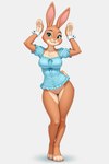 anthro blouse bottomless clothed clothing dancing female frilly frilly_clothing genitals pussy simple_background solo standing topwear denis0k lagomorph leporid mammal rabbit hi_res