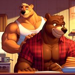 anthro clothed clothing duo hand_on_shoulder kitchen lutrine male male/male mammal muscular mustelid open_clothing open_shirt open_topwear pancakes shirt smile tank_top topwear ursid wall_(structure) white_wall zidanes123